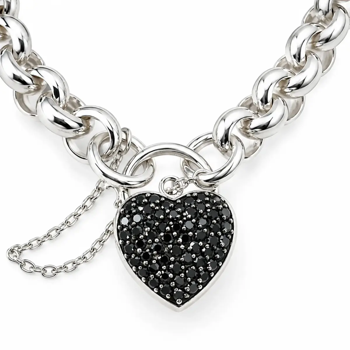Sterling Silver Solid Round Belcher Bracelet with Black CZ Set Puff Heart Locket & Safety Chain – 20cm | 51g - SSPB9