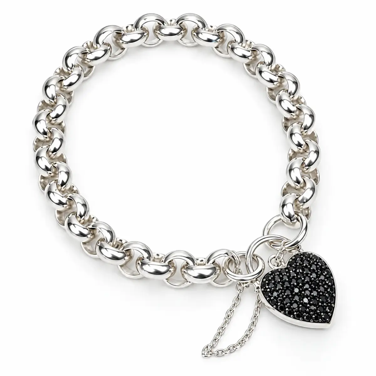 Sterling Silver Solid Round Belcher Bracelet with Black CZ Set Puff Heart Locket & Safety Chain – 20cm | 51g - SSPB9