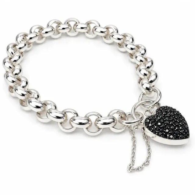 Sterling Silver Solid Round Belcher Bracelet with Black CZ Set Puff Heart Locket & Safety Chain – 20cm | 51g - SSPB9