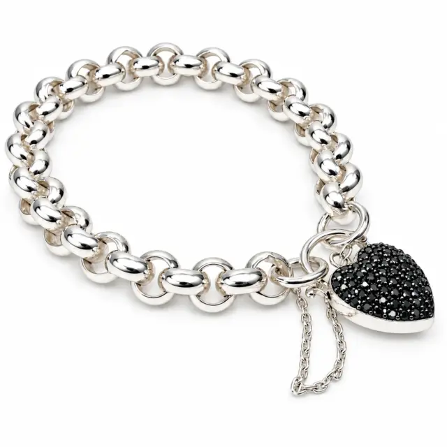 Sterling Silver Solid Round Belcher Bracelet with Black CZ Set Puff Heart Locket & Safety Chain – 20cm | 51g - SSPB9