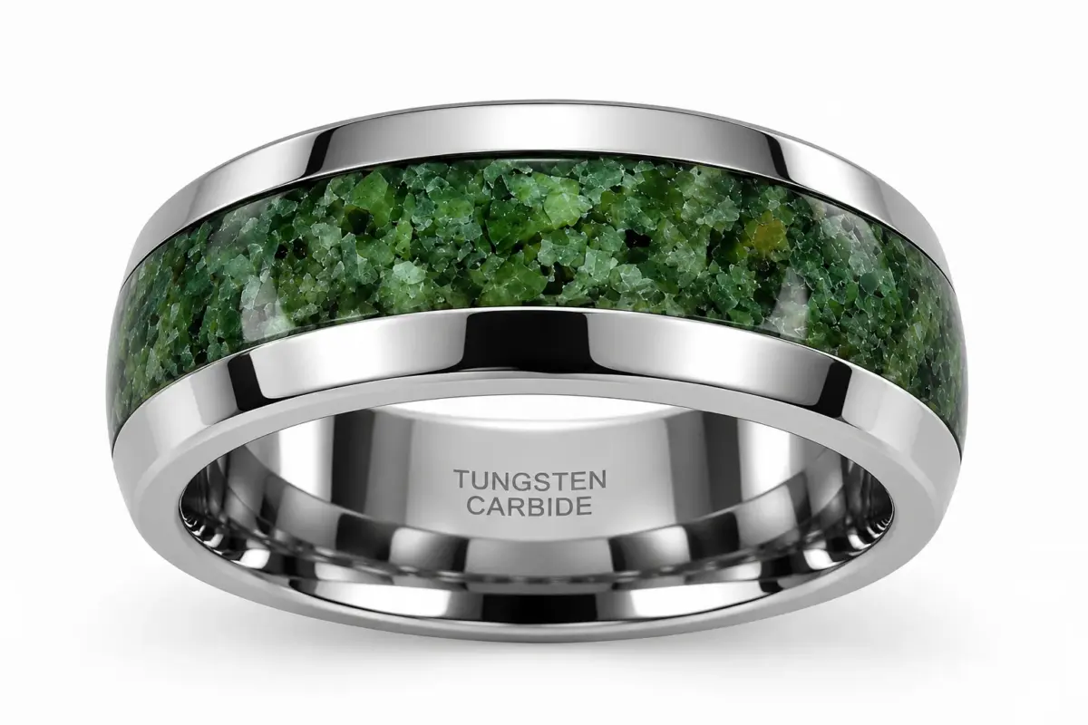 Tungsten Carbide Ring with Genuine NZ Kawakawa Pounamu Greenstone Inlay - TBR8